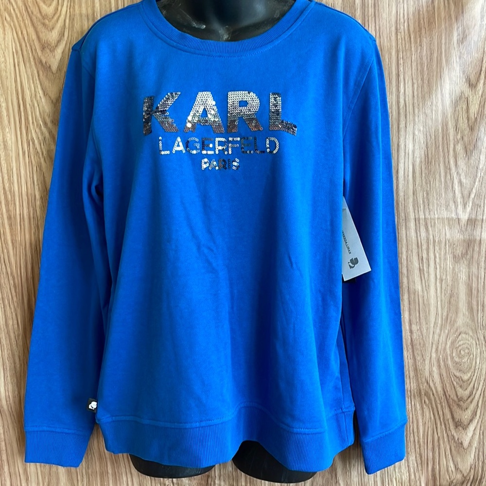 NWT KARL LAGERFELD PARIS Navy Blue Silver Sequin Logo Crew Neck Sweatshirt Sz M